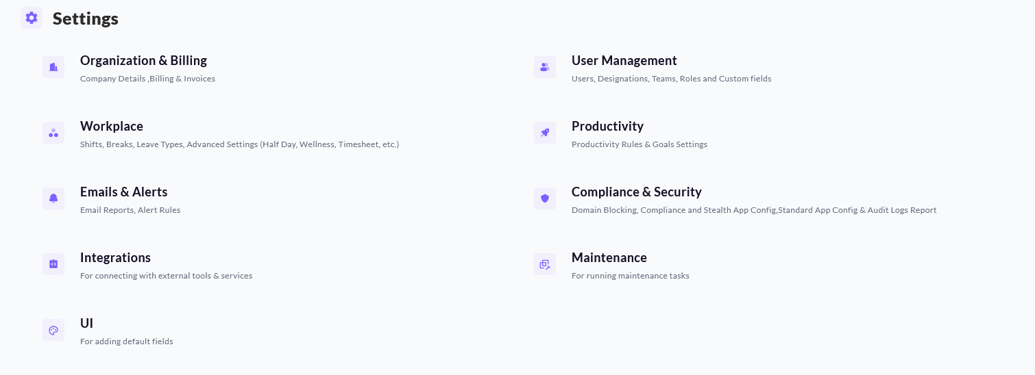 Settings center home with tiles for Organization & Billing, User Management, Workplace, Productivity, Compliance and more