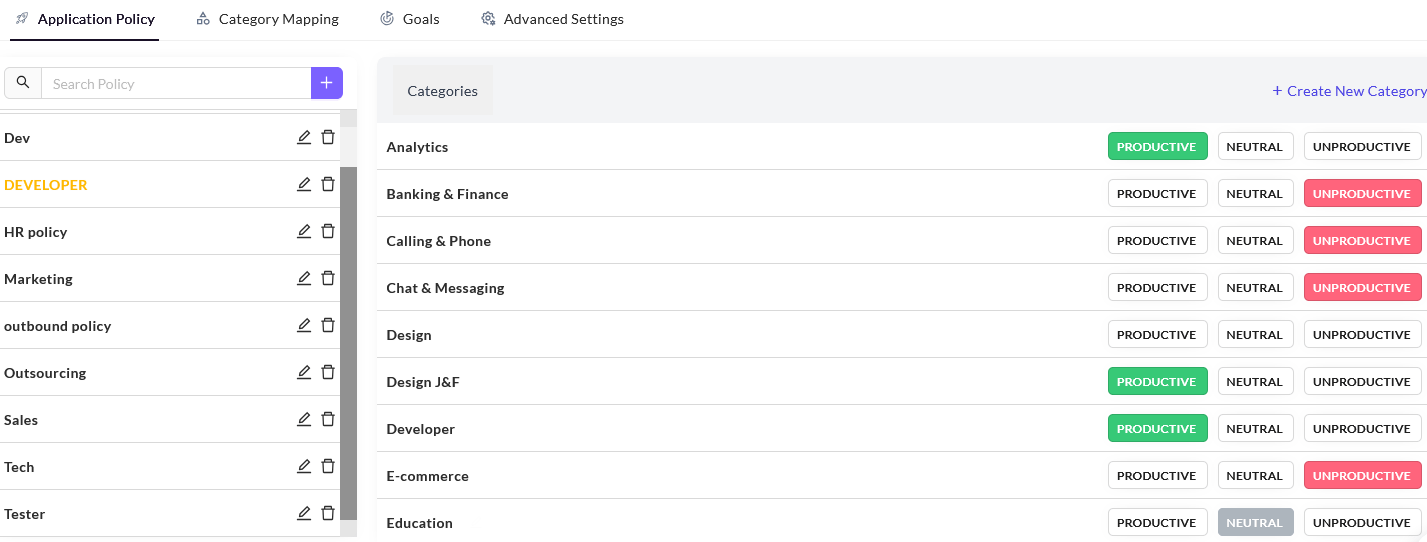 Application Policy tab with the Developer policy selected and categories tagged Productive, Neutral or Unproductive